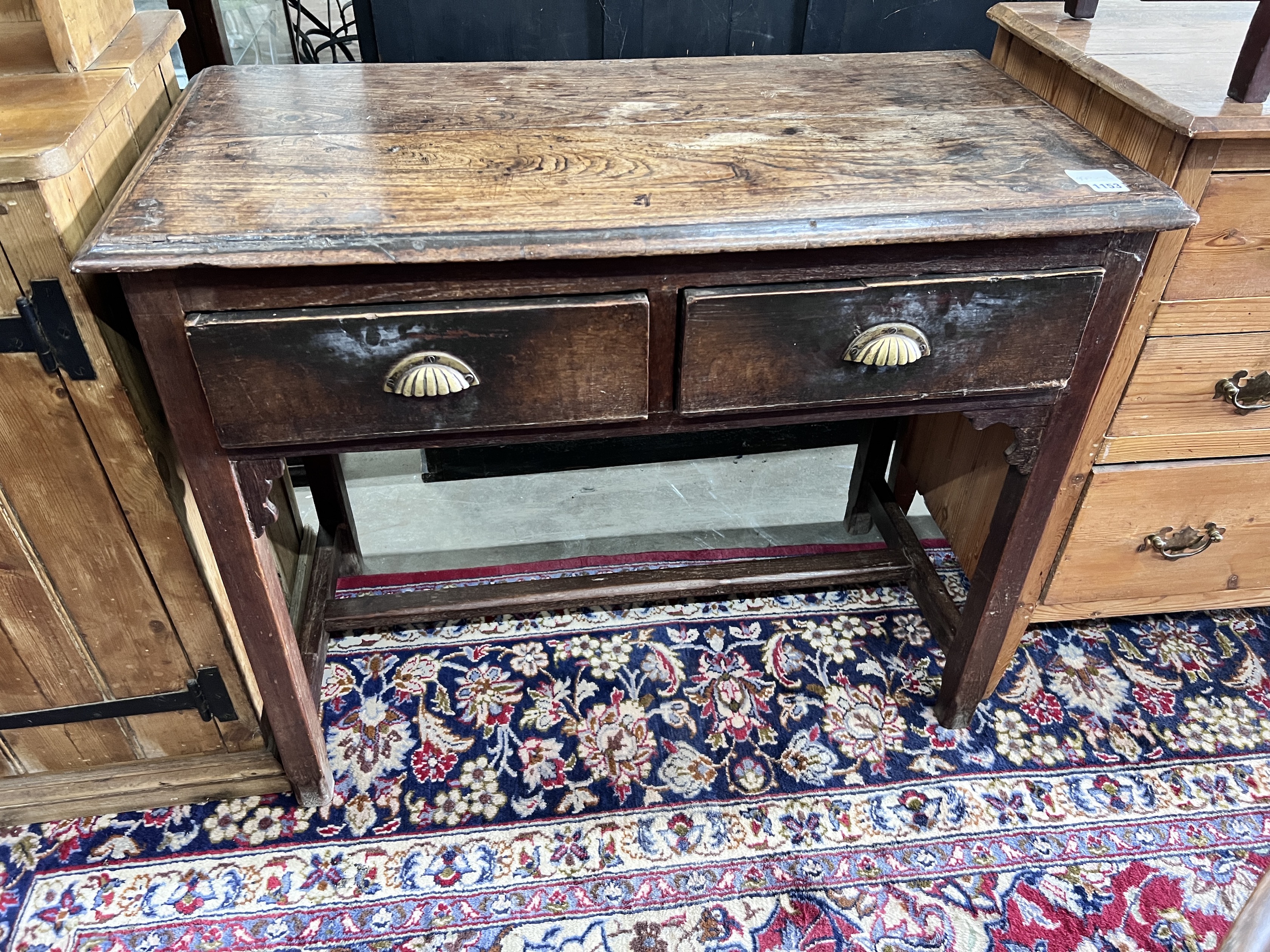 A 19th century provincial oak two drawer side table, width 96cm, depth 48cm, height 77cm